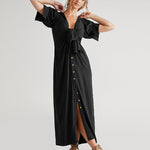 V Neck Short Sleeve Button Down Blouse Dress Tie Casual Long Maxi Dresses