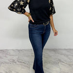 Black Star Sequin Patched Half Sleeve Blouse
