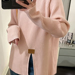 Long Sleeves Loose Split-Front Mock Neck Pullovers Sweater Tops