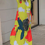 Loose Wrap Buttoned Contrast Color Pockets Printed Split-Side Shirt Dress