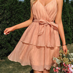 Casual solid color V-neck tie-waist suspender dress