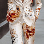 Long Sleeves Buttoned Flower Print Notched Collar Blazer Outerwear