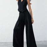 Solid Color Two-Piece Set Casual Black Sleeveless Crop Vest Long Straight Pants Suits