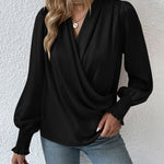 Nadorine Elegant V-neck Lantern Sleeve Blouse Temperament Solid Color Shirt for Women Casual Work Office Loose Fit 2026 | Under $40
