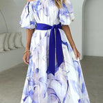Floral Print Elegant Puff Sleeve Tie-Waist Midi Dress