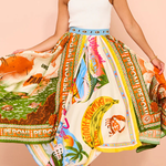 Summer Destination Satin Unique Print Elastic Waist Irregular Hem Maxi Skirt