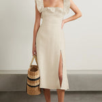 Ruffled Square Collar Long Formal Dress Sleeveless Slit Evening Dress