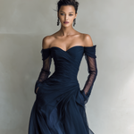 Women's Elegant Dark Blue Chiffon Organza Off-shoulder Long-sleeved Fitted Maxi Dress