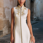 Embroidered Stand-Collar Zip-Front Sleeveless Midi Dress