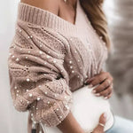 Sexy Twist V-neck Beads Long-sleeved Knit Sweater