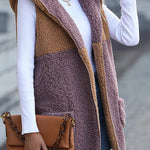 Hooded Sleeveless Colorblock Pocket Buttonless Mid-Length Cardigan Puff Velvet Jacket