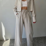 Two Piece Outfits Casual Lounge Sets Long Sleeve Short Casual Shirt with Drawstring Trousers Set