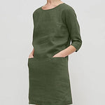 Half Sleeve Solid Color Round Neck Pocket Casual Dress