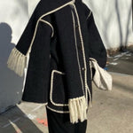 Women's Thickened Loose Woolen Coat with Fringed Scarf