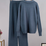 Nadorine Casual Two-Pieces Outfits Lapel V Neck Sweater and Trousers Sets