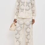 Lillah Embroidered Lace Shell Pattern Elastic Waist Pocket Wide Leg Pants