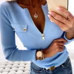 Crewneck Half Zipper Flap Detail Knit Sweater Long Sleeve Slim Fit Ribbed Pullover Top