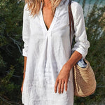 Nadorine Women's Button Down Knee Length Midi Dress V Neck Split Casual Long Sleeve Dress