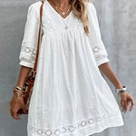 Solid Half Sleeve V Neck A-line Smock Dress