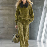 High-end Fashionable Leopard Print Velvet Faux Fur Collar Sweatshirt Wide-leg Pants Suit