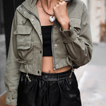 High Neck Zip Up Snap Button Front Flap Pockets Design Cargo Biker Jacket Casual Drawstring Crop Coat