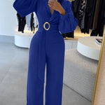 Metal Ring Decor Overlap V-Neck Lantern Sleeve Zipper Back Jumpsuit Casual Cinched Waist Wide Leg Jumpsuit