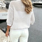 Women's Hollow Out Half Sleeve Knit Coat Baseball Collar Zipper Up Drawstring Hem Crop Jacket
