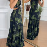 Women's Tropical Print Ruffle Hem Maxi Dress Sexy Cutout Adjustable Strap Slit Beach Vacation Dress