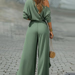 2 Pieces Outfit Cold Shoulder Ruched Batwing Sleeve Top and Casual Elastic Back Wrapped Slit Wide Leg Pants Set