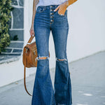 Single Row Buttons Horn Flared Jeans