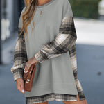 Plaid Print Spliced Long Sleeve Drop Shoulder Sweatshirt Casual Side Slit Top