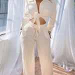 2 Pieces Outfit Turn-down Collar Button Front Pocket Design Asymmetrical Hem Top and Drawstring Elastic Waist Wide Leg Pants Set Casual Textured Set