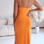 Metal Ring Decor V-Neck Adjustable Spaghetti Straps Bodycon Dress High Slit Hollow-out Evening Dress
