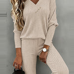 2 Pieces Outfit Button Decor V-Neck Long Sleeve Top and Elastic Waist Straight Leg Pants Set Casual Ribbed Set
