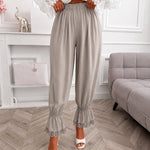 Women's Lace Patchwork Pants Elastic High Waist Hollow Out Ruffle Hem Lantern Trousers Casual Loose Lounge Pants