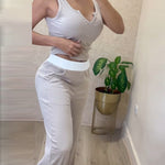 2 Piece Outfits Notch Neck Sleeveless Top Stretchy Waist Straight Leg Pants Lounge Sets Tracksuit