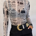 Women's Sheer Mesh Vintage Newspaper Print Mock Neck Frill Trim Long Sleeve Top