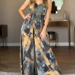 Abstract Oil Painting Print V-Neck Stretchy Thick Straps High Waist Backless Overalls Casual Shirred Waist Cinched Waist Wide Leg Jumpsuit