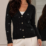 Women's Sequin Cable Knit Cardigan V Neck Button Down Slim Fit Long Sleeve Sweater