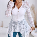 Lace Trim V Neck Button Front Blouse Elegant Asymmetrical Ruffle Hem Top