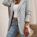Women's Casual Knit Blazer Argyle Cable Jacquard Contrast Side Striped Coat Loose Fit Single Breasted Blazer