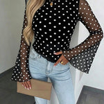 Women's Polka Dot Mesh Top Flare Long Sleeve Boat Neck Lined Asymmetric Frill Hem Blouse Vintage Party Shirt