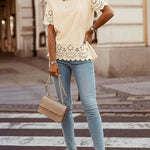 Round Neck Short Sleeve Eyelet Embroidery Tee Casual Scallop Trim Top