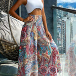 CHICME Women's Vintage Print Wide Leg Pants High Waisted Shirred Waist A-Line Trousers Flowy Boho Vacation Palazzo Pants