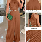 CHICME Women's Halter Tie Wide Leg Jumpsuit Pleated High Waist One-Piece Romper Elegant Sleeveless Evening Party Jumpsuit without Waist Chain