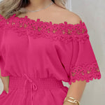 Women's Lace Off Shoulder Romper Shirred Waist Tied Detail Textured Short Jumpsuit with Pockets