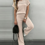 Women's 2 Piece Knit Set Lace Patchwork Short Sleeve Top and Wide Leg Pants Casual Ribbed Brushed Lounge Set