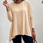 Women's Asymmetric Hem Long Sleeve Top Loose Fit Dropped Shoulder Crewneck Soft Slouchy Casual Tee