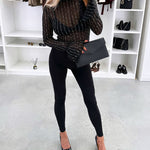 Rhinestone Decor Long Sleeve Flared Cuff Tee Sexy Slim Fit Sheer Top