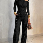 Women's Glitter Two Piece Outfit Skew Neck Long Sleeve Top and High Waist Wide Leg Pants Set